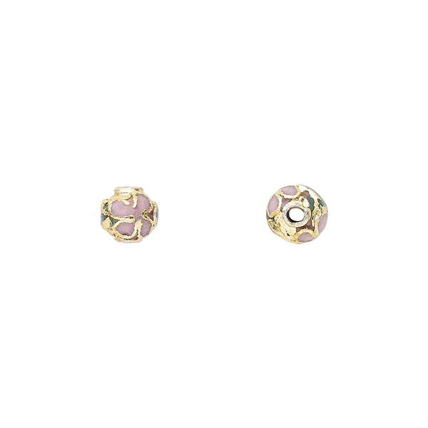 Bead, cloisonn&eacute;, enamel and gold-finished copper, pink and multicolored, 6mm round with flower design. Sold per pkg of 10. image number 0