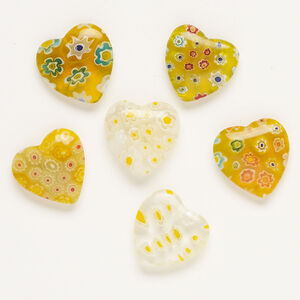 Bead, millefiori glass, translucent yellow and multicolored, 16-18mm half-drilled puffed heart. Sold per pkg of 6.