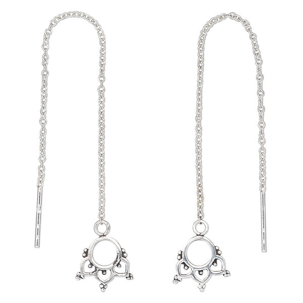 Ear thread, Create Compliments®, sterling silver, 3 inches with 10x9.5mm fancy design. Sold per pair. image number 0