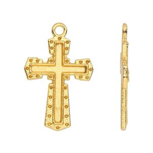 Drop, gold-finished "pewter" (zinc-based alloy), 28x20mm single-sided cross. Sold per pkg of 10.
