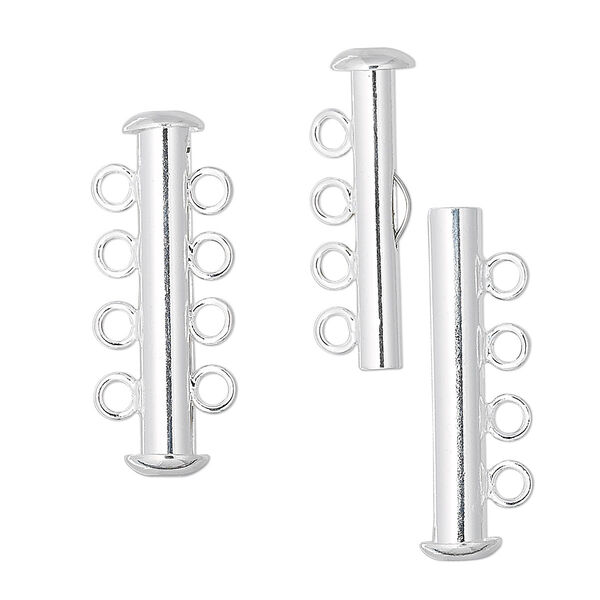 Clasp, 4-strand slide lock, silver-plated brass, 26x6mm tube. Sold per pkg of 4. image number 0