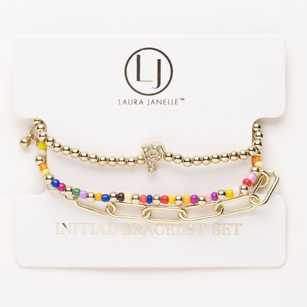 Bracelet assortment, steel / acrylic / elastic, pkg/3, 6-1/2 inches, gold finish and multicolored. image number 0