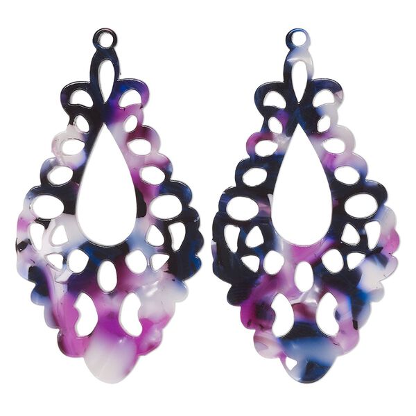 Focal, resin, purple / dark purple / white, 51.5x29mm fancy teardrop with cutouts. Sold per pkg of 2. image number 0