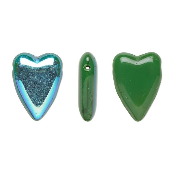 Bead, Czech pressed glass, green AB, 18x13mm heart. Sold per 15" to 16" strand. image number 0