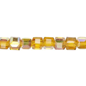 Bead 1pk 18 facets translucent gold AB, Celestial Crystal® 6mm cube 15.5-16 inch