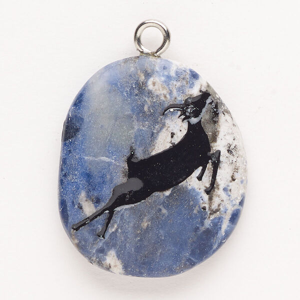 Focal, steel/sodalite (natural)/enamel, pkg/1, silver finish and black, 30x24mm-39x27mm single-sided puffed freeform with jumping deer, B- grade. image number 0