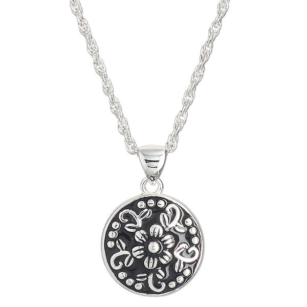 Necklace, Create Compliments®, sterling silver and enamel, black, 15mm round with flower and dots design, adjustable at 16 and 18 inches with springring clasp. Sold individually. image number 0