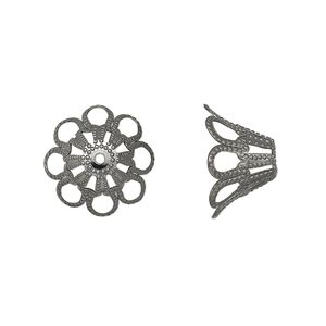 Bead cap, gunmetal-plated brass, stamped, 14x8mm fancy basket with cutout pattern, fits 14-18mm bead. Sold per pkg of 20.