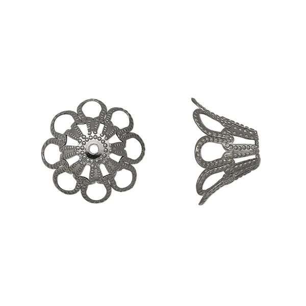 Bead cap, gunmetal-plated brass, stamped, 14x8mm fancy basket with cutout pattern, fits 14-18mm bead. Sold per pkg of 20. image number 0