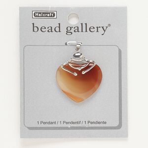 Pendant, silver-finished "pewter" (zinc-based alloy) and red agate (dyed), 31x26mm heart. Sold individually.