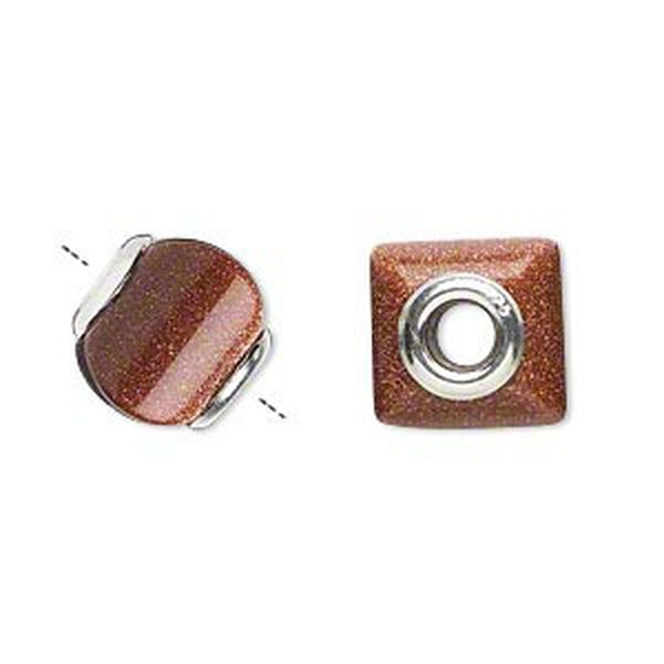 Bead, Dione®, brown goldstone (glass) (man-made) and sterling silver grommets, 11x10mm-13x11mm square rondelle with 4mm hole. Sold individually. image number 0
