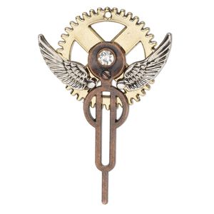 Focal, glass / antique gold- / copper- / silver-finished "pewter" (zinc-based alloy), clear, 2-1/2 x 1-1/2 inch single-sided gear angel. Sold individually.