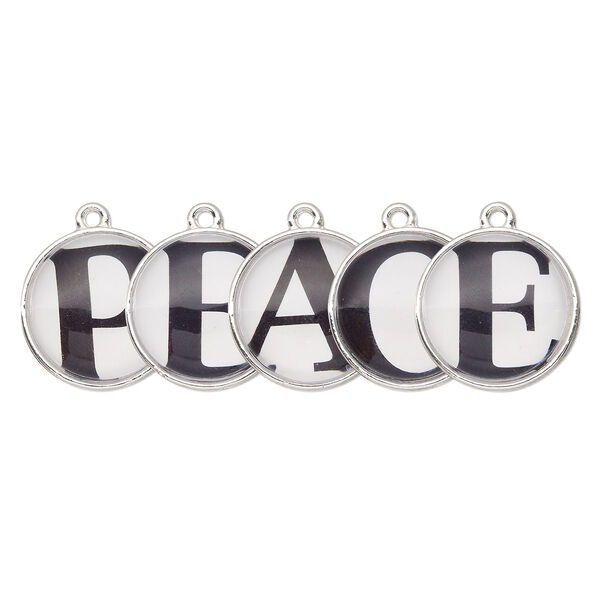 Drop, silver-finished "pewter" (zinc-based alloy) and plastic, black and white, 20mm single-sided domed flat round with "PEACE." Sold per 5-piece set. image number 0