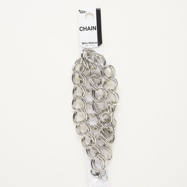 Chain assortment, silver-finished steel, 17mm double curb, 20 inches with (1) 11x8mm lobster clasp and (2) 8mm 17-gauge jump rings. Sold per pkg of 4. image number 0
