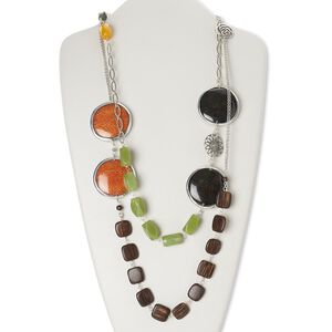 Necklace, wood (dyed) / resin / silver-finished aluminum / brass / copper / steel, orange / green / brown, 33 inches with 2-inch extender chain and lobster claw clasp. Sold individually.