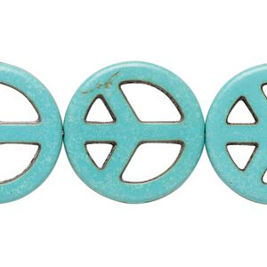 Bead, "howlite" (resin) (imitation), aqua blue, 25mm peace sign. Sold per 15-inch strand.