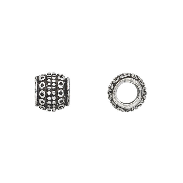 Bead, antique silver-plated white brass, 9x8mm beaded barrel with dots and circles, 5mm hole. Sold per pkg of 4. image number 0