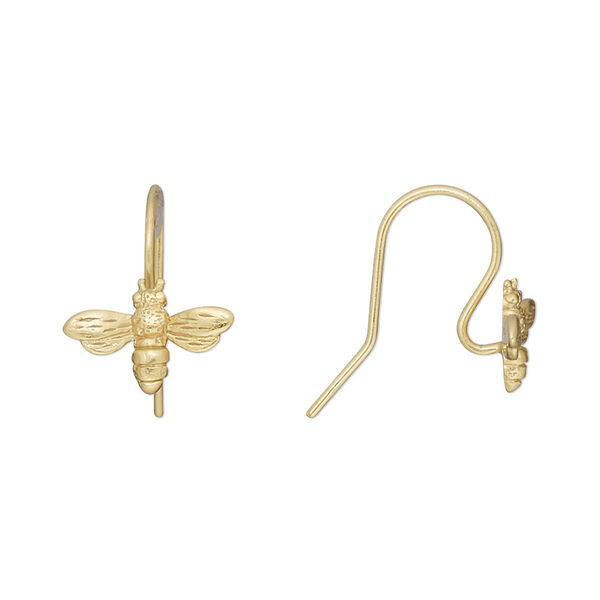 Ear wire, Amoracast®, satin-finished "vermeil", 15mm fishhook with bumble bee and open loop, 20 gauge. Sold per pair. image number 0