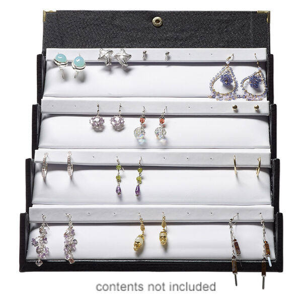 Folding jewelry case, earring and bracelet, leatherette, black and white, 10-1/4 x 3-1/4 x 3-1/4 inches with front snap closure. Sold individually. image number 0