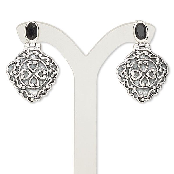 Earring, black onyx (dyed) and antiqued sterling silver, 28mm with diamond and post. Sold per pair. image number 0