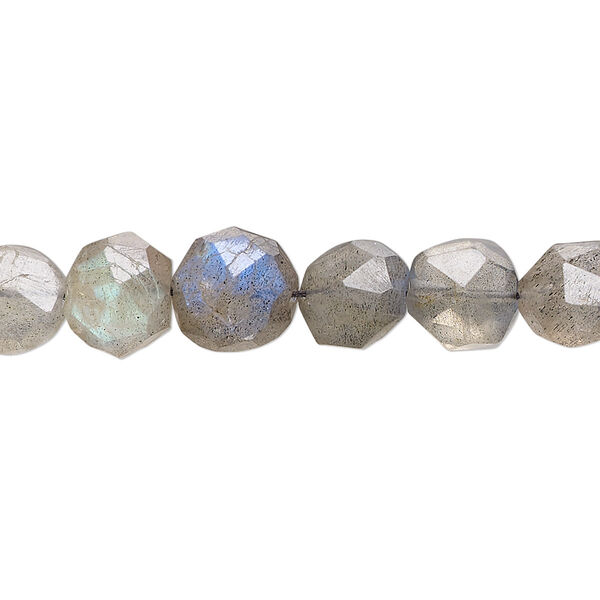 Bead, labradorite (natural), 8x7mm-9mm hand-cut faceted puffed hexagon, B grade, Mohs hardness 6 to 6-1/2. Sold per 14-inch strand. image number 0