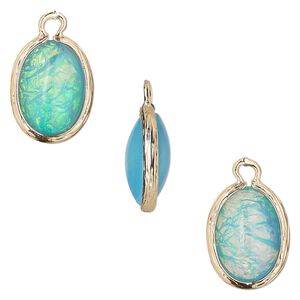 Drop, Opalized Ice™, "opal" (resin) and gold-finished brass, light blue, 16x12mm double-sided oval. Sold per pkg of 4.