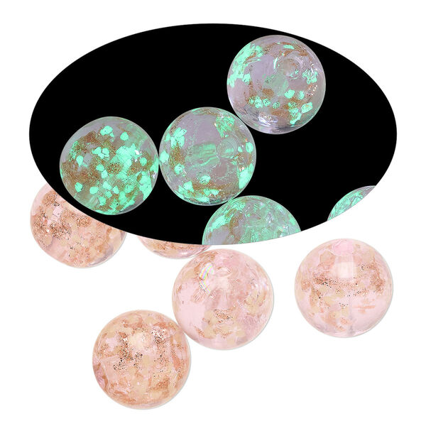Bead, lampworked glass, clear / pink / glow-in-the-dark / gold, 12mm round. Sold per pkg of 6. image number 0