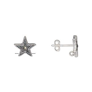 Earstud 1pkg2 sterling silver / marcasite (natural), 10.5x10mm star / hidden closed loop / earnuts, antiqued 1 pair