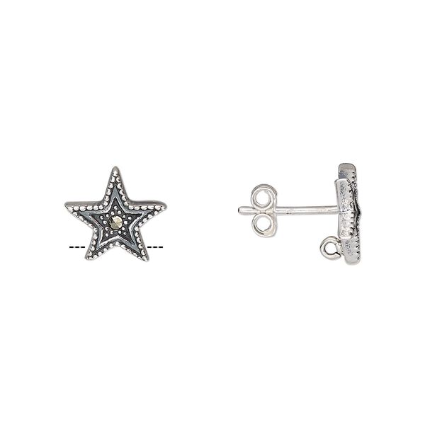 Earstud 1pkg2 sterling silver / marcasite (natural), 10.5x10mm star / hidden closed loop / earnuts, antiqued 1 pair image number 0