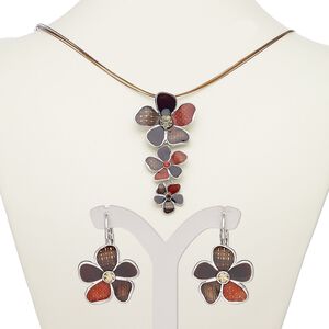 Necklace and earring set, 5-strand, enamel / glass rhinestone / silver-plated steel / "pewter" (zinc-based alloy), multi-brown, 3-inch dangle with flowers, 18-inch necklace with 2-inch extender chain and lobster claw clasp, 29mm earrings with leverback ear wire. Sold per set.