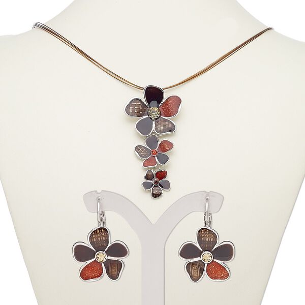 Necklace and earring set, 5-strand, enamel / glass rhinestone / silver-plated steel / "pewter" (zinc-based alloy), multi-brown, 3-inch dangle with flowers, 18-inch necklace with 2-inch extender chain and lobster claw clasp, 29mm earrings with leverback ear wire. Sold per set. image number 0