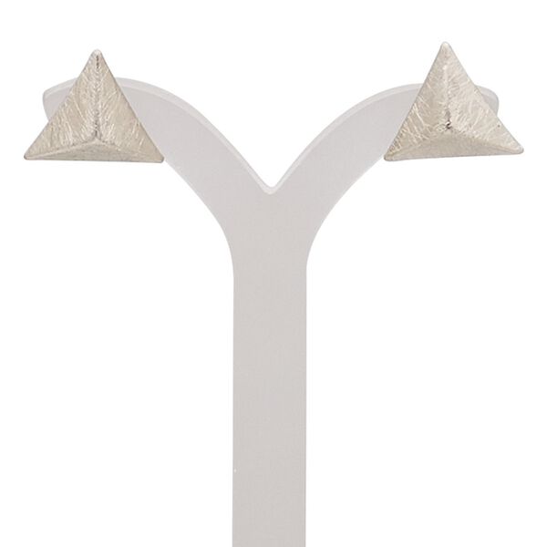 Earring, stainless steel with imitation rhodium-plated brass and steel, 13x13x13mm scratched triangle with post. Sold per pair. image number 0