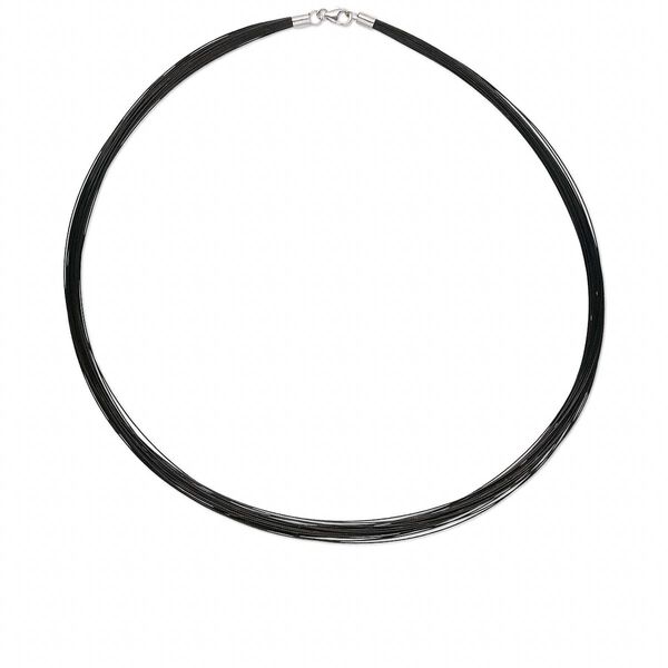 Necklace, sterling silver and nylon-coated stainless steel, black, 48-50 strand, 18 inches with lobster claw clasp. Sold individually. image number 0