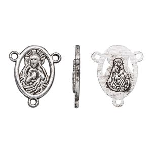 Connector, antique silver-plated "pewter" (zinc-based alloy), 16x12mm two-sided oval rosary with Sacred Heart of Jesus and Madonna with Christ Child. Sold per pkg of 10.