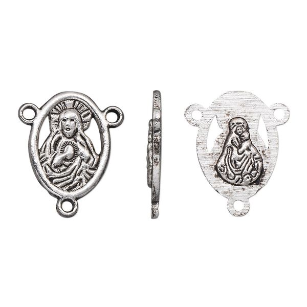 Connector, antique silver-plated "pewter" (zinc-based alloy), 16x12mm two-sided oval rosary with Sacred Heart of Jesus and Madonna with Christ Child. Sold per pkg of 10. image number 0
