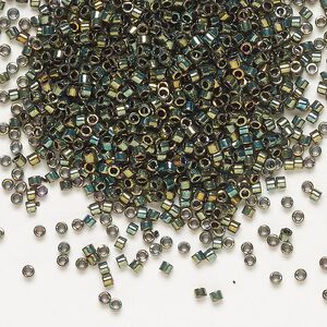 Seed bead, Delica®, glass, pkg/50g, #11 round, opaque metallic iris green (DB-0024).
