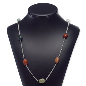 Multi-agate / brass / steel 1pkg1, silver-finished hand-cut nugget necklace 26 inch / S-hook clasp small to medium