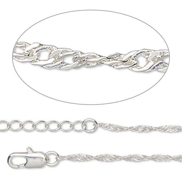 Chain, silver-plated brass, 2mm Singapore, 16 inches with 1 to 3 inches extender chain and lobster claw clasp. Sold individually. image number 0