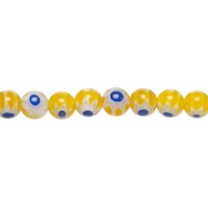 Bead, millefiori glass 1pkg1, translucent dark yellow-orange / blue / white, 6mm round, 15 inches.