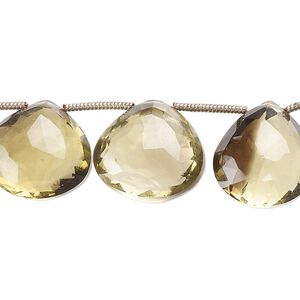 Lemon smoky quartz 1pkg12, hand-cut top-drilled faceted puffed teardrop bead 15x14mm-18x16mm
