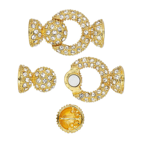 Clasp, magnetic, glass rhinestone and gold-plated "pewter" (zinc-based alloy), clear, 37x23mm ring with (2) 10mm glue-in end caps. Sold individually. image number 0