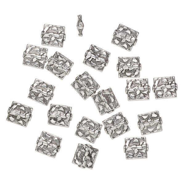 Bead, "pewter" (zinc-based alloy), pkg/20, 12x10mm-12x11mm textured flat rectangle, antique silver finish. image number 0