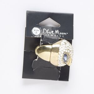 Ring, stretch, enamel / acrylic / gold-finished "pewter" (zinc-based alloy), white / clear / blue, 25mm wide owl head. Sold individually.