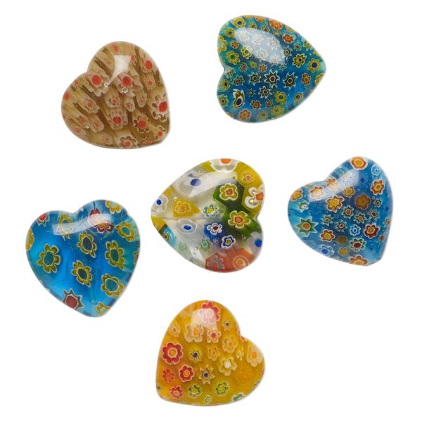 Bead mix, millefiori glass, translucent multicolored, 25-26mm puffed heart. Sold per pkg of 6. image number 0
