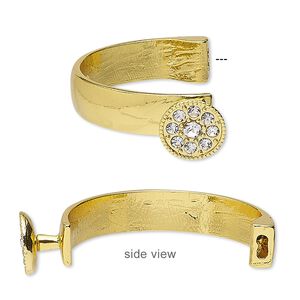 Bracelet component 1pkg1, glass rhinestone and gold-finished "pewter" (zinc-based alloy), clear, 10mm wide with 15mm round, 42x26mm inside diameter with 5.5x2mm glue-in end.