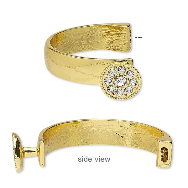 Bracelet component 1pkg1, glass rhinestone and gold-finished "pewter" (zinc-based alloy), clear, 10mm wide with 15mm round, 42x26mm inside diameter with 5.5x2mm glue-in end. image number 0