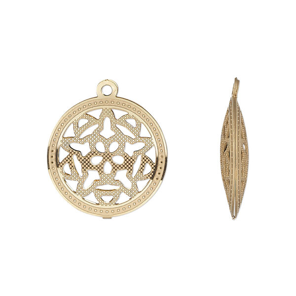 Drop, gold-finished stainless steel, 18mm double-sided domed round textured cut-out with star design. Sold per pkg of 6. image number 0