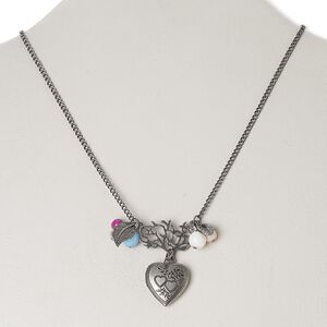 Necklace, acrylic with antiqued silver-finished brass and steel, multicolored, 20x19mm heart locket, 16 inches with 3-inch extender chain and lobster claw clasp. Sold individually.