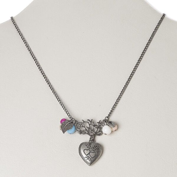 Necklace, acrylic with antiqued silver-finished brass and steel, multicolored, 20x19mm heart locket, 16 inches with 3-inch extender chain and lobster claw clasp. Sold individually. image number 0