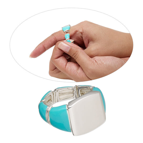 Ring, stretch, enamel and silver-finished "pewter" (zinc-based alloy), turquoise blue, 15.5mm wide with 16x5.5mm rectangle setting, size 8-1/2. Sold individually. image number 0